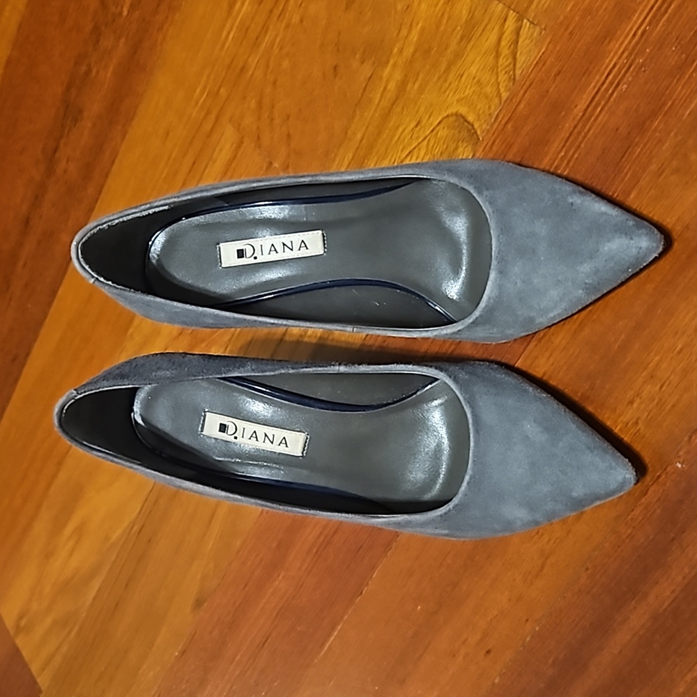 Grey and Navy block heel suede pumps